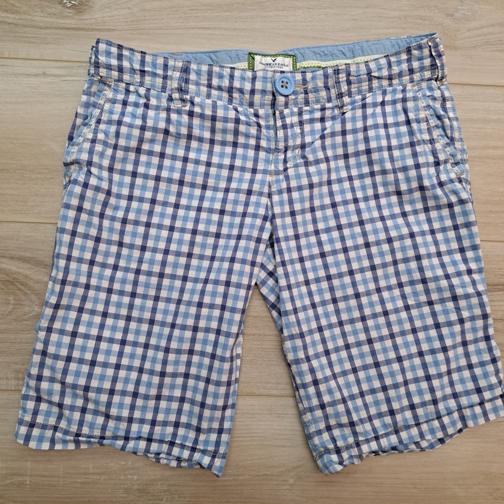 American Eagle Blue Gingham Roll Tab Shorts Cotton Cinch Back Womens Size 4